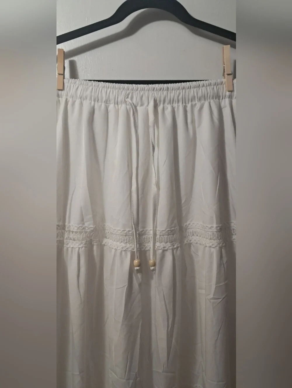 White Drawstring Waist Tiered Midi/Maxi Skirt With Lace & Beaded Details - Picture 3 of 5